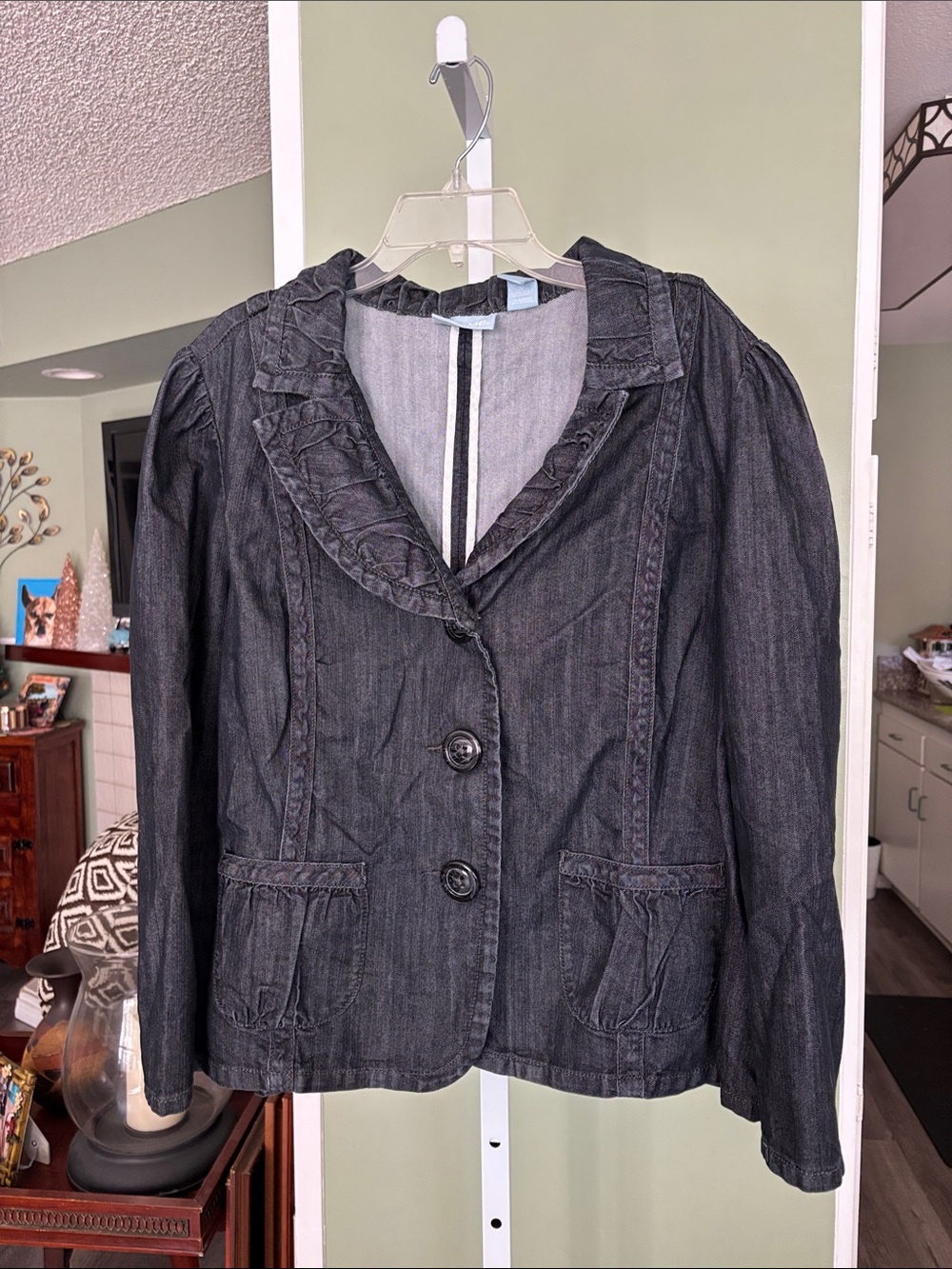 Womens Dark Denim Ruffle-Trim Jacket. 1x. Liz & me